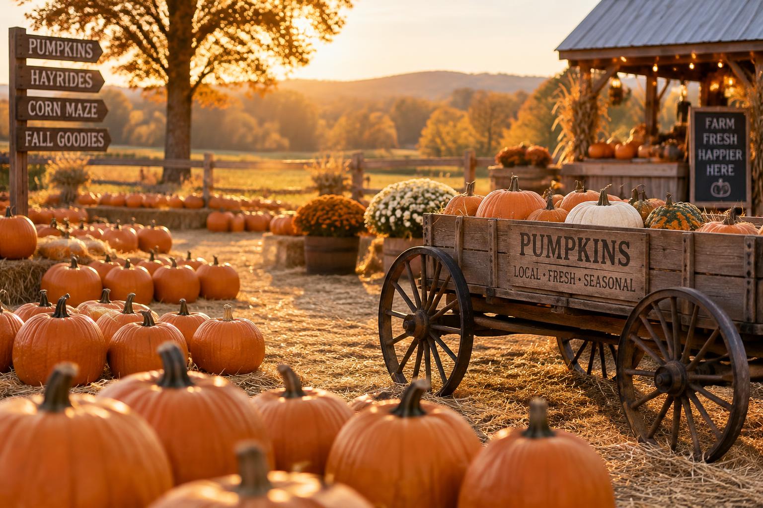 Pumpkins on straw beside a wooden wagon at a pumpkin patch in golden late-afternoon light