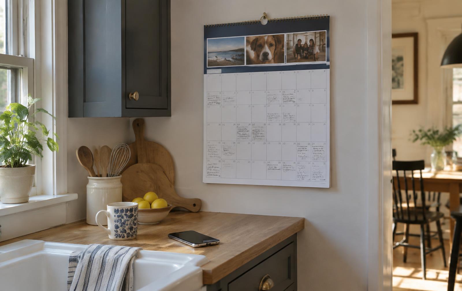 A family wall calendar with handwritten notes in a sunny kitchen