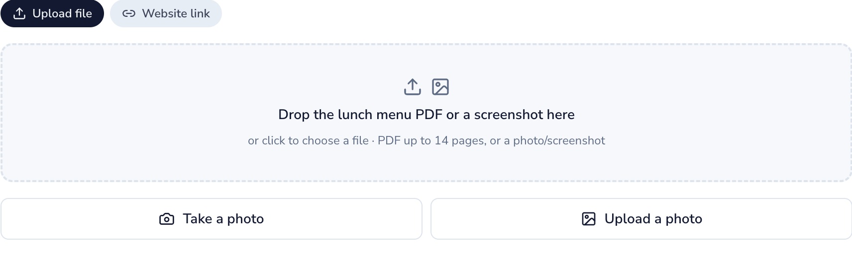 Lunch menu options for a file, website link, camera photo, or saved photo