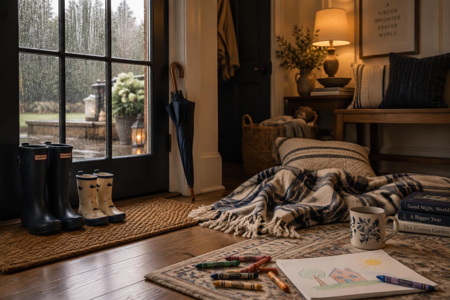 Rain on a window with children's rain boots by the door, a blanket, books and crayons on the floor