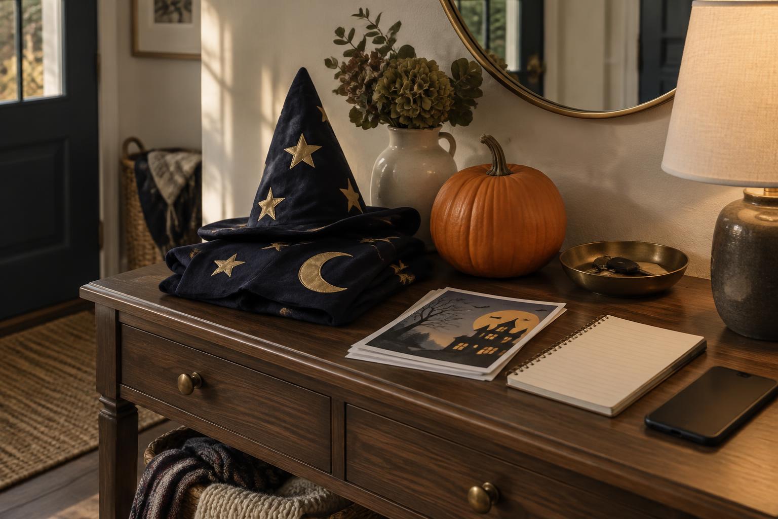 A child's costume folded on an entry table beside a pumpkin, a school flyer and a notepad