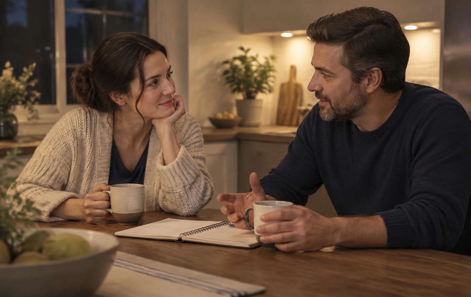 Two parents talking at a kitchen table in the evening with a notebook and mugs