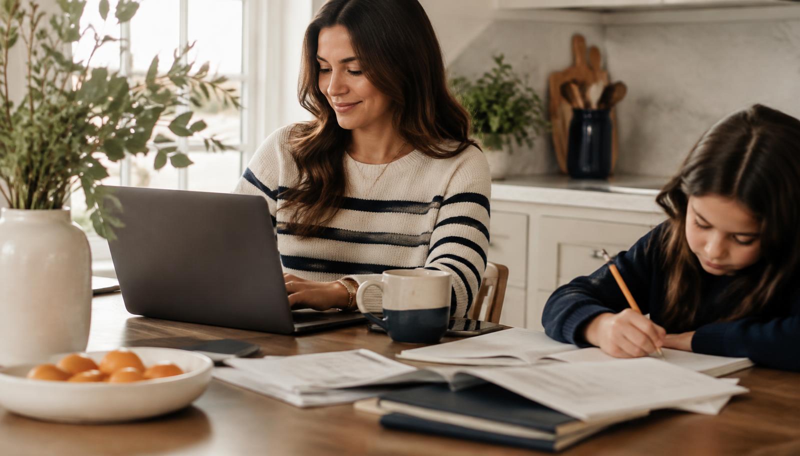 A parent working at a kitchen table with a laptop, school papers and a mug
