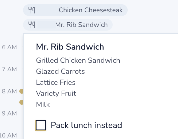 Two children’s separate lunch labels, with one menu open and a Pack lunch instead choice; names hidden