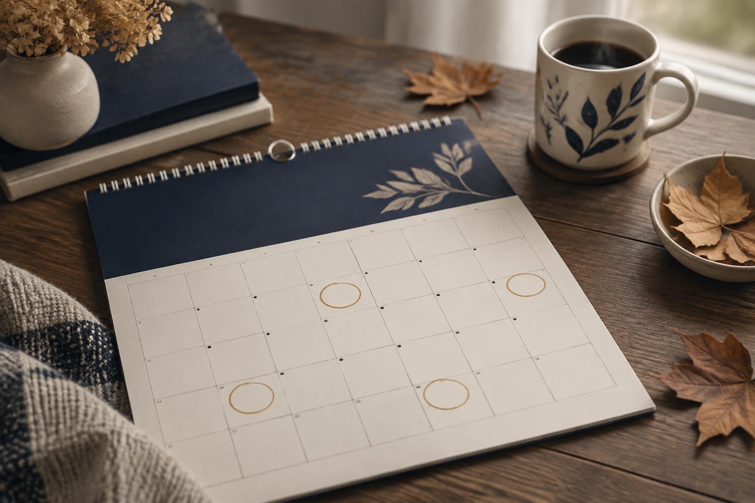 An open October wall calendar with several weekdays circled in gold, beside coffee and autumn leaves