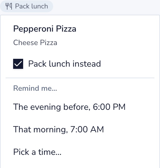 Pack lunch selected with evening-before, morning, and custom reminder choices