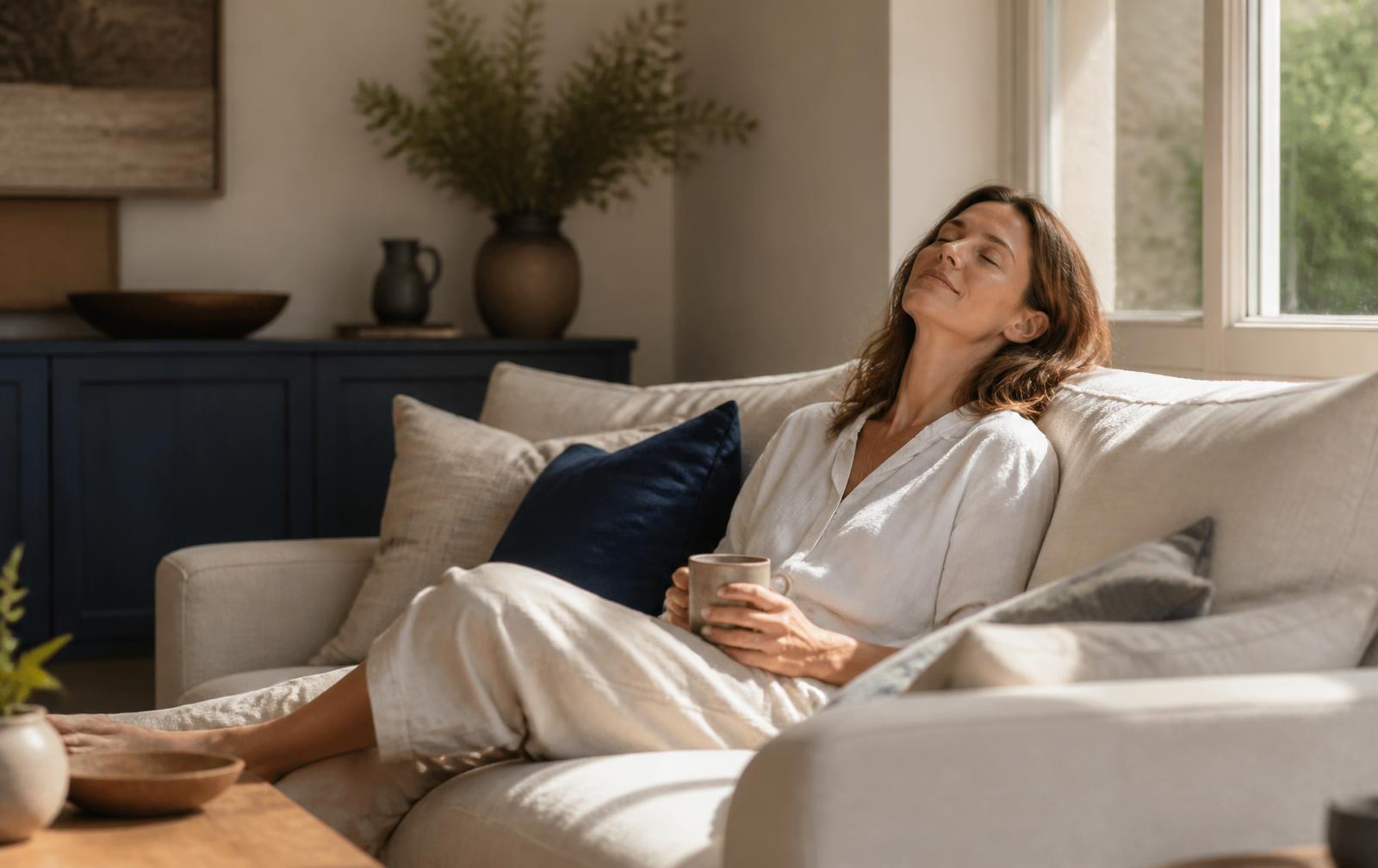 A mother resting on the sofa in afternoon light, eyes closed