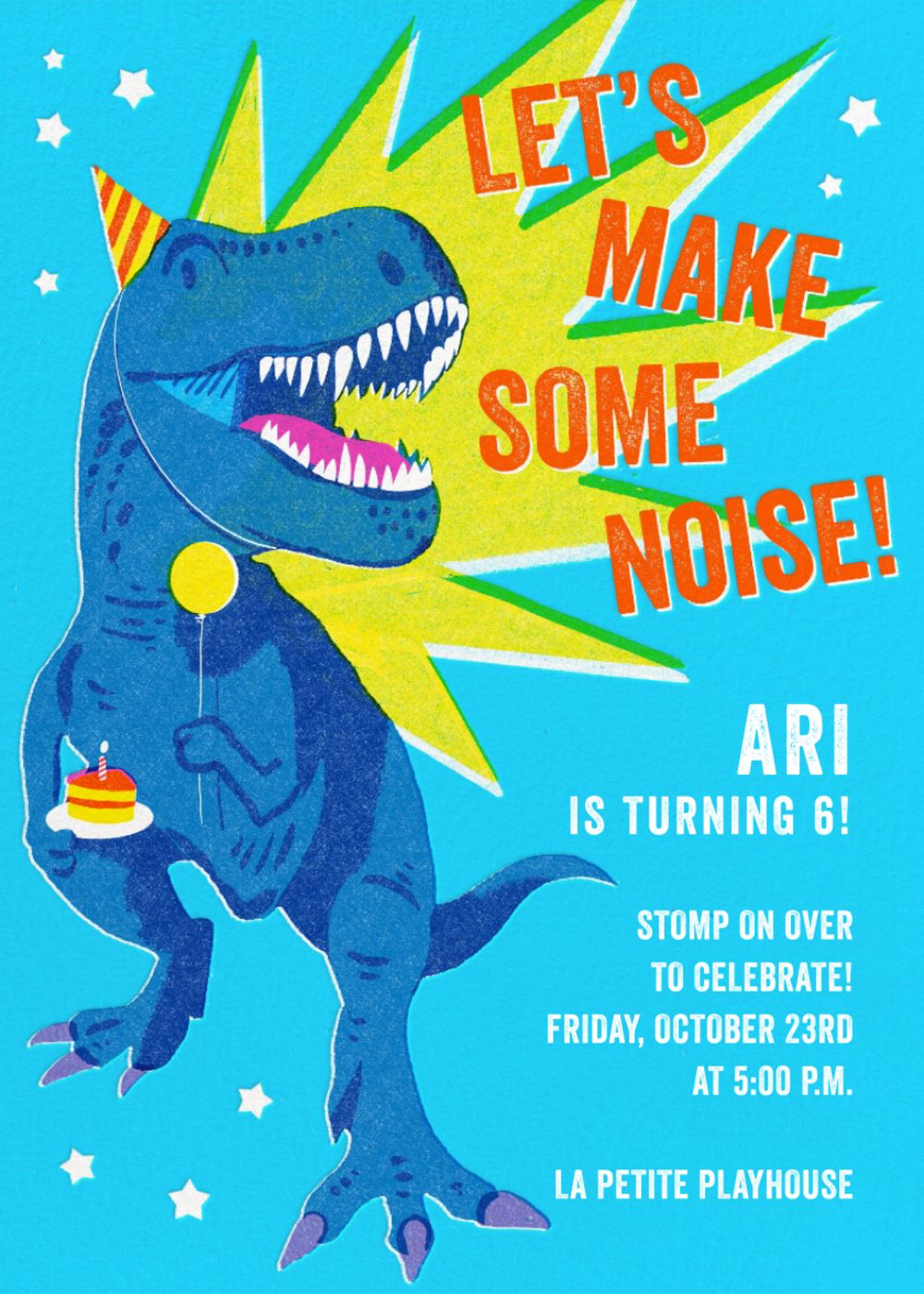 Children's birthday party invitation with a dinosaur illustration