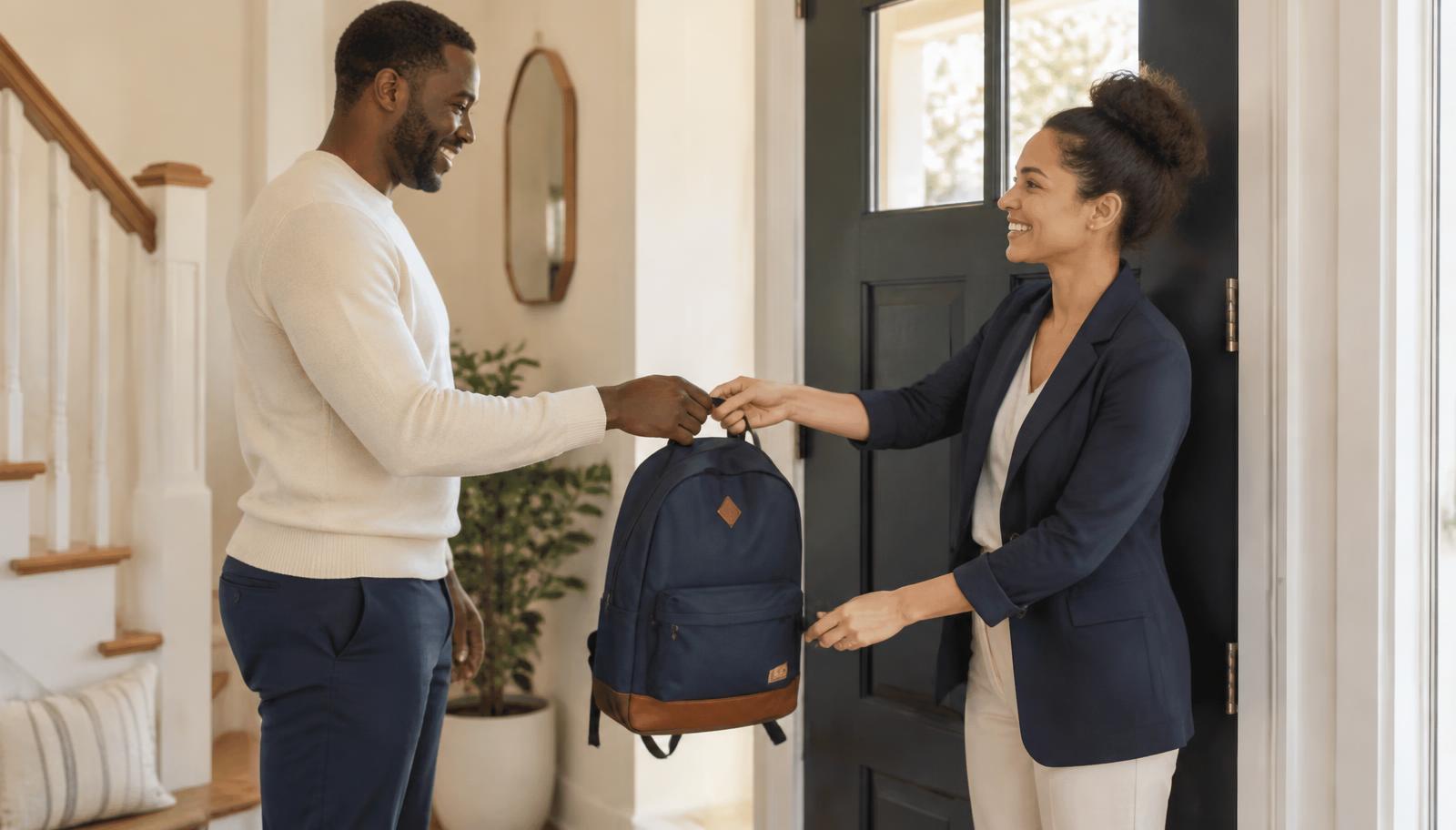 Two parents handing off a school backpack at the front door