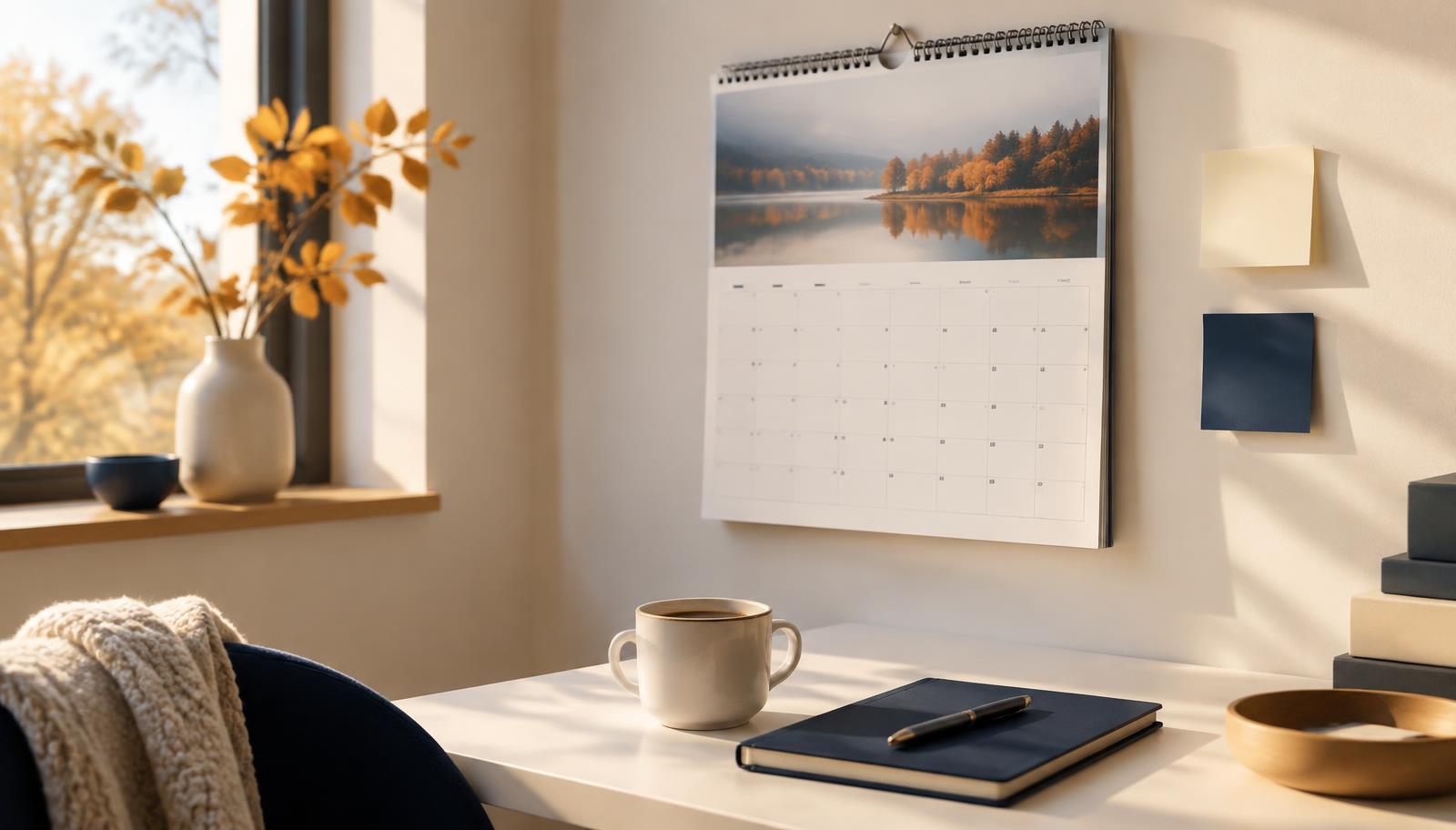 A wall calendar and notebook on a desk in warm autumn light