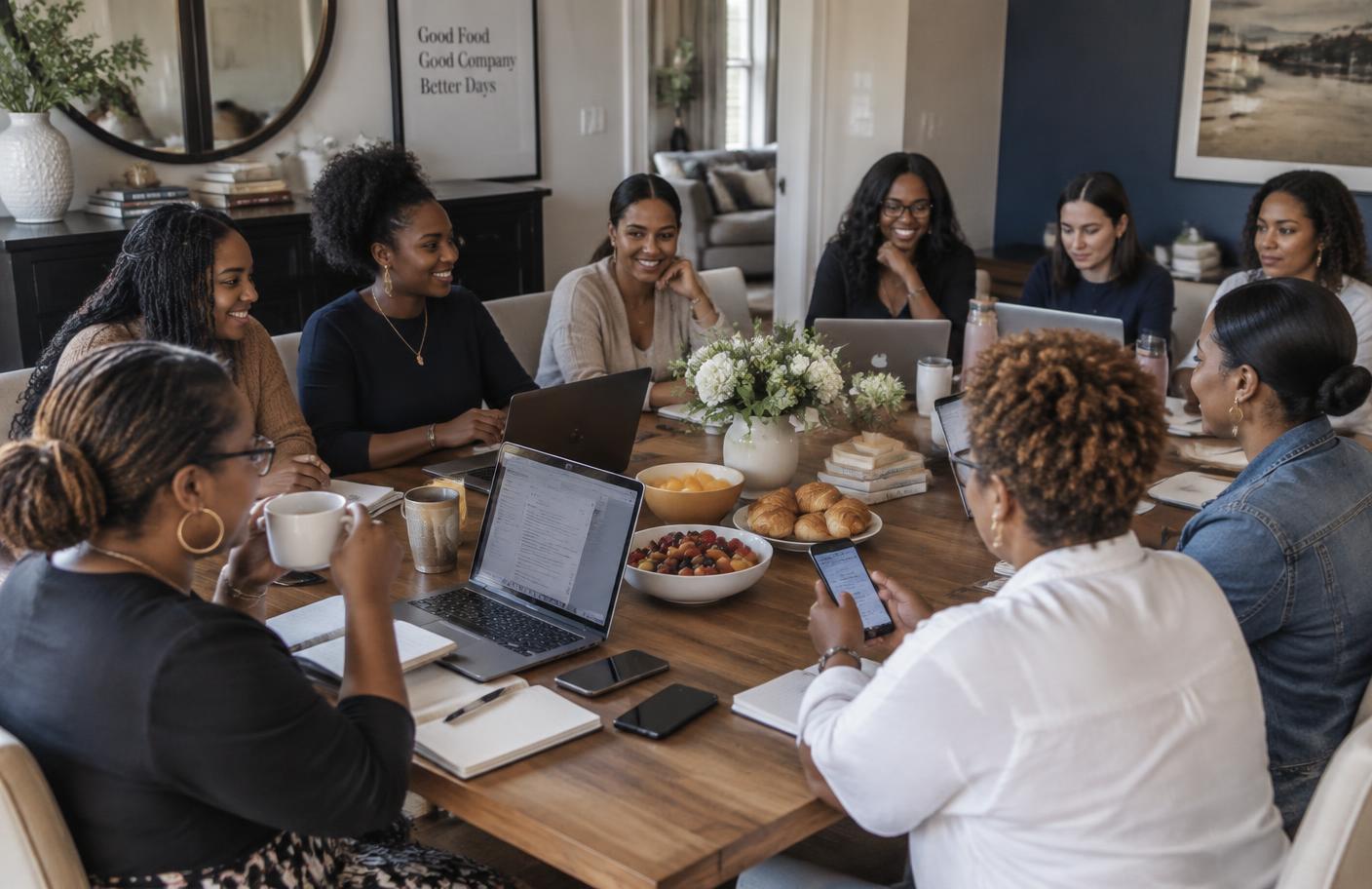 Ten mothers at a home brunch table with coffee, pastries and laptops, getting things done