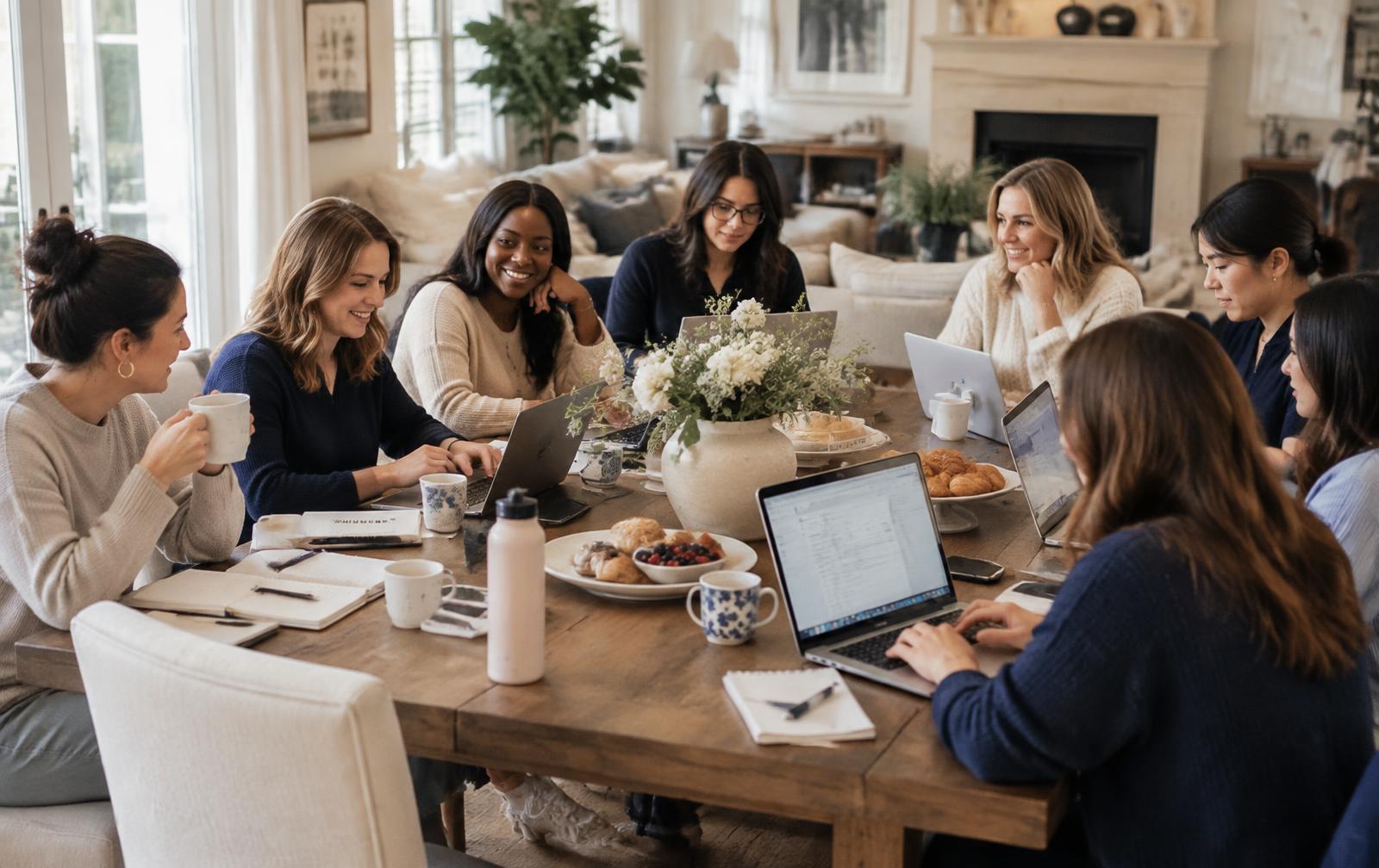 About nine mothers around a table at a relaxed home brunch, laptops open and phones in hand