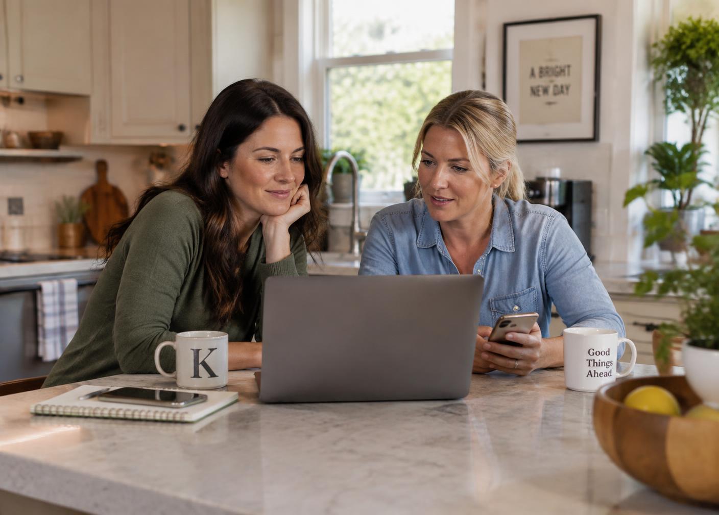 Two mothers at a kitchen island working through admin on a laptop and phone