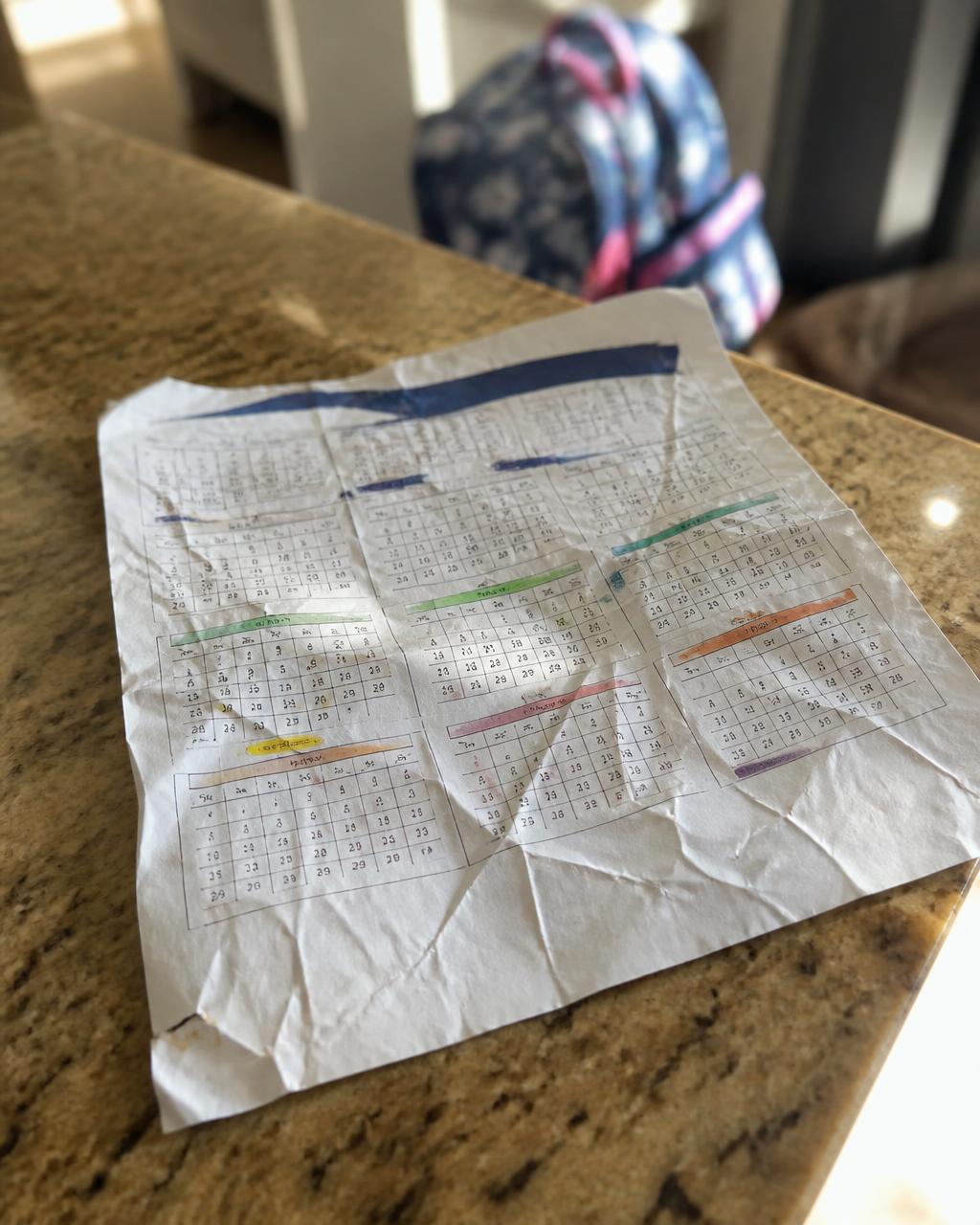 The crumpled printed school calendar before Emmy read it
