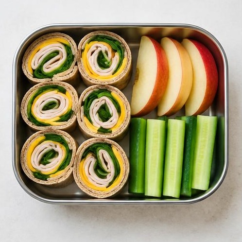 Turkey pinwheels: Whole wheat tortilla, Sliced turkey breast, Cheddar cheese, Baby spinach, Apple, Cucumber