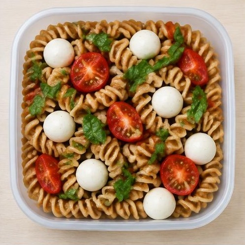 Caprese pasta cup: Whole wheat pasta, Mozzarella cheese, Cherry tomatoes, Basil