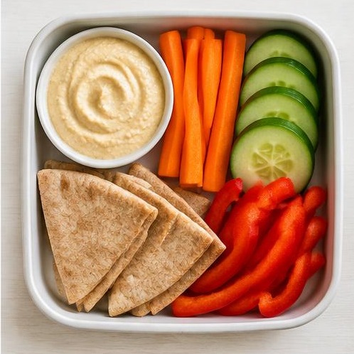 Hummus veggie box: Hummus, Carrot, Cucumber, Whole wheat pita, Red bell pepper
