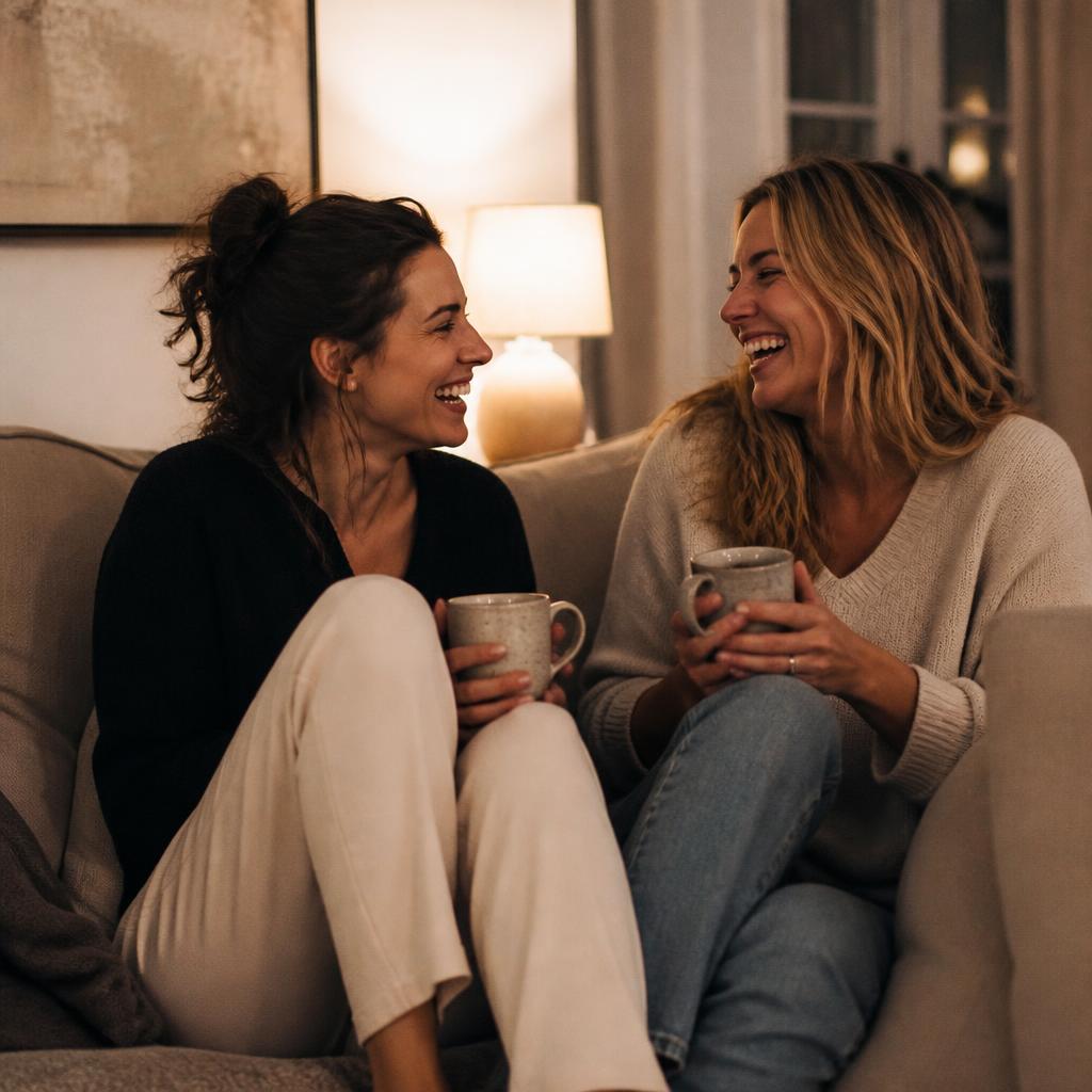 Two mothers laughing over coffee